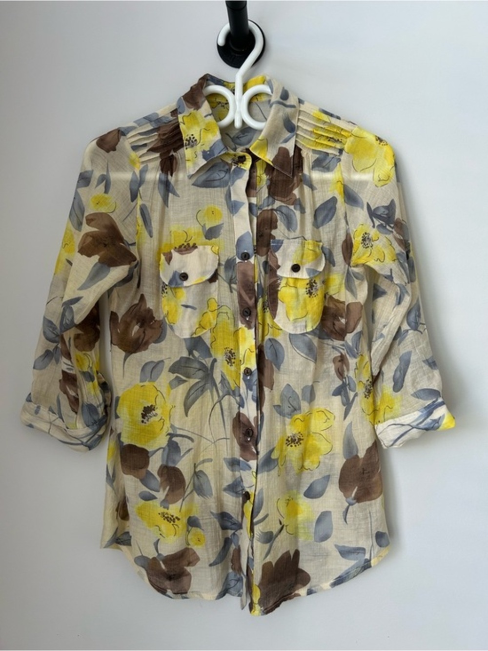 Cotton Floral Button-Up Blouse in Yellow, Brown & Gray